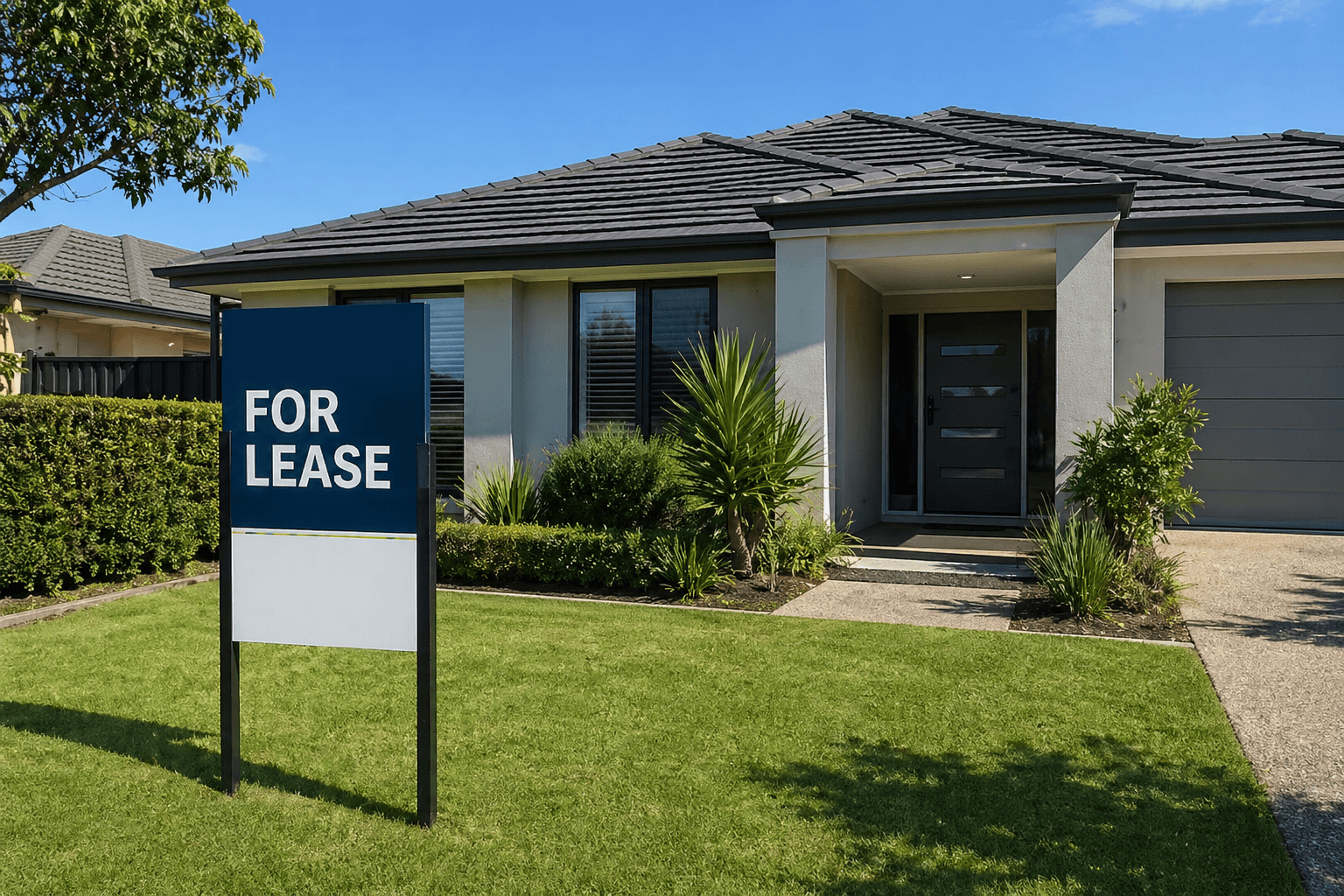 Home with a For Lease sign on the front lawn